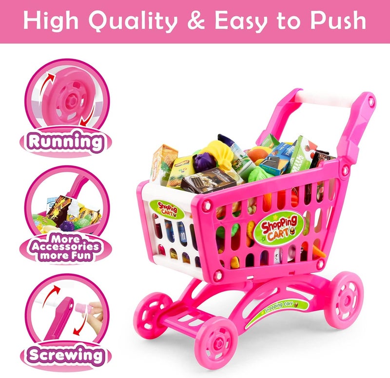 deAO Kids Shopping Cart Trolley for Groceries Toddlers 65 Food Fruit Vegetables Pretend Play Food Role Play Educational Toy Play Kitchen Toys Store Playset (Pink) - Image 2
